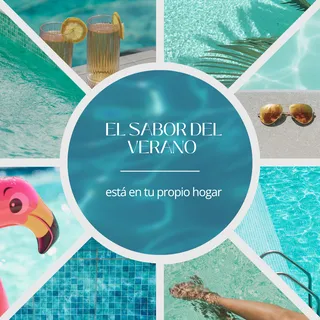 Collage de verano para Roca Arte y Jardín, alberca, flamingo inflable y lentes de sol
